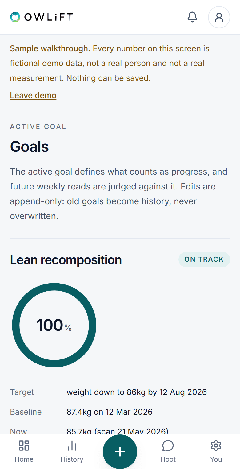The OWLiFT goals screen on sample data: the active goal marked on track, a progress ring, and the target, the baseline it started from, and the latest reading beneath it.