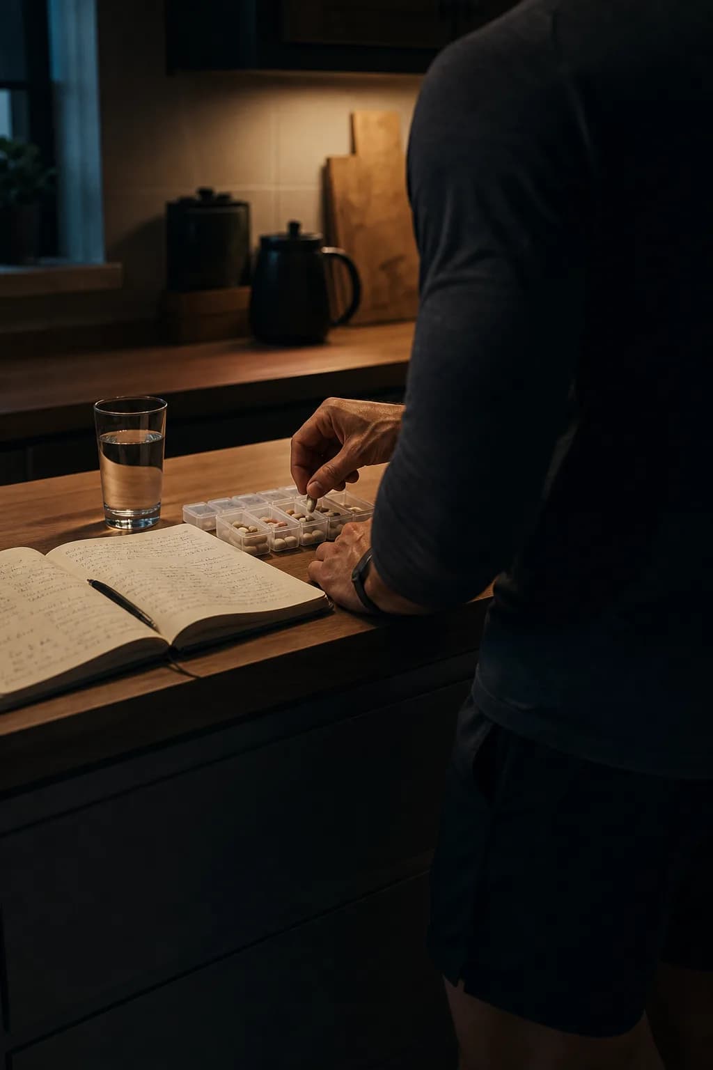 An athlete filling a weekly organizer beside a handwritten protocol journal in early-morning light