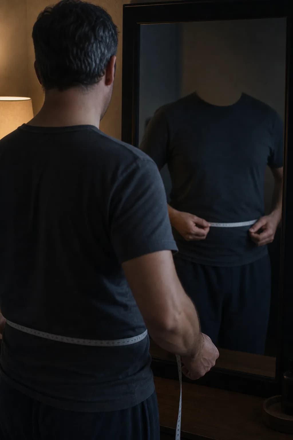 A person measuring their waist with a tape measure in warm side light